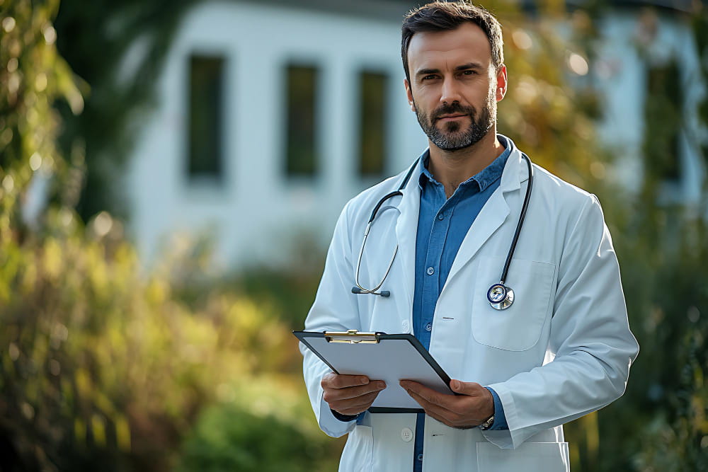 Portrait d'un médecin de garde souriant en blouse blanche tenant un porte-bloc à l'extérieur d'un centre médical